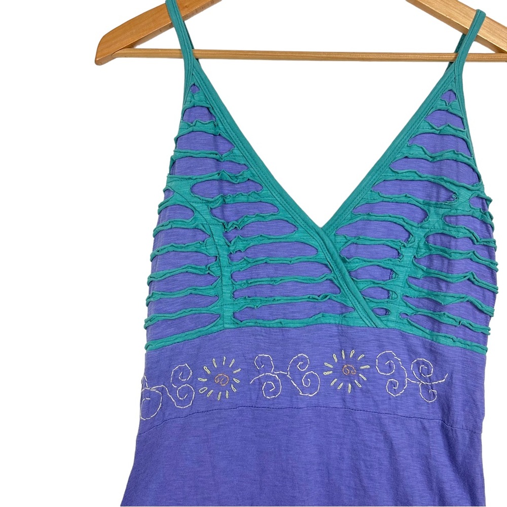 Vintage 90’s Boho Strapless Tie Halter Smocked Embroidered Ruffle Mini Dress L - Picture 3 of 10